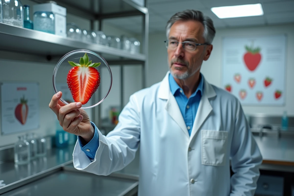 Scientifique étudiant une fraise en coupe au laboratoire