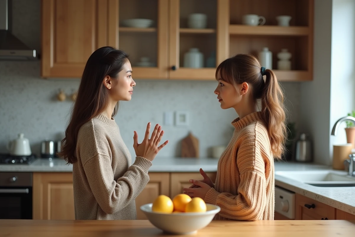Soeurs discutant dans la cuisine avec tension visible