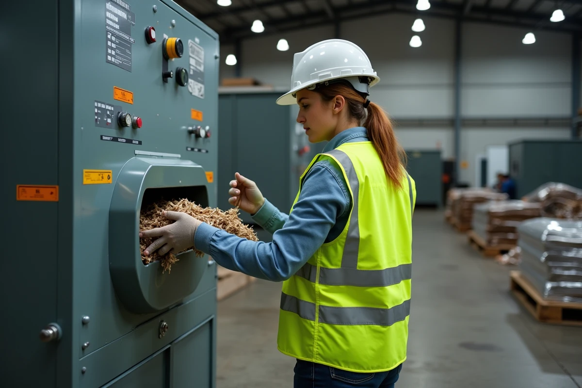 Technicienne inspectant un broyeur dans une usine de recyclage
