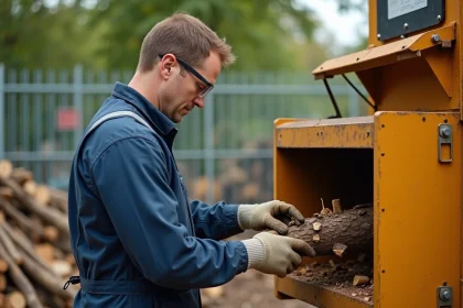 Ouvrier avec casque et gants broyant des branches de bois