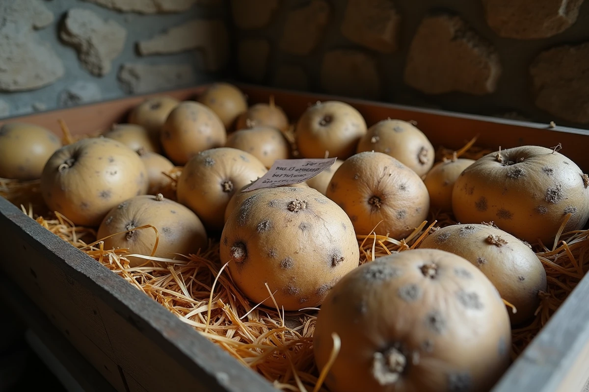 Tubers de dahlias stockes dans une caisse en cave